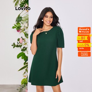 Lovito เดรสทรงเอ หรูหรา สีพื้น คอกลม สำหรับสตรี LBE02013 (เขียวเข้ม)