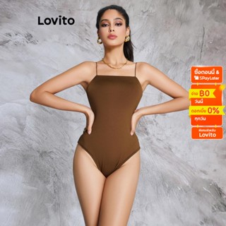 Lovito บอดี้สูท สายเดี่ยวสปาเก็ตตี้ กระดุมติด สีพื้น สไตล์ลำลอง สำหรับผู้หญิง LBE02014 (สีน้ำตาลช็อกโกแลต)