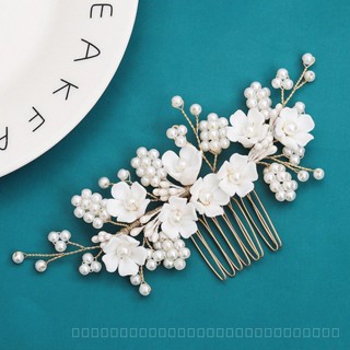 [0721]YWSY-XNTS European and American Style Women Flower Ceramic European and American High-Grade Rhinestone Pearl Hair Comb White Flower Palace Style Bridal Hair Comb HC3D