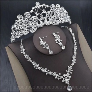 [0511]HG Cross-Border New Arrival Bridal Necklace Crown Three-Piece Set Fashion Simple Necklace Wedding Dress Accessories Headdress Earrings Set UIAO