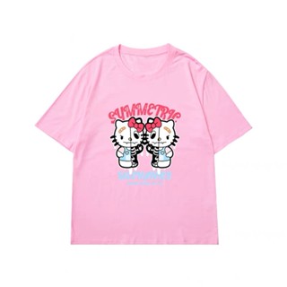 แฟชั่น เวอร์ชั่นเกาหลีของ Sanrio Hello Kittyการ์ตูนกะโหลกศีรษะพิมพ์คอกลมเสื้อยืดผู้หญิงฤดูร้อนใหม่แขนสั้นด้านบน เสื้อผ้า