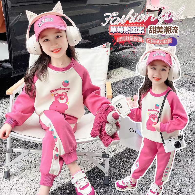 [ML] ชุดกีฬาลําลอง คอกลม ขนาดเล็ก พิมพ์ลายการ์ตูน สีชมพู เหมาะกับฤดูหนาว สําหรับเด็กผู้หญิง 90-140 ซม.