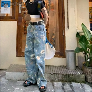 DaDuHey🎈 Womens New American Style Retro Print High Street Jeans Ripped Retro Washed Straight-Leg Loose Fashion Pants