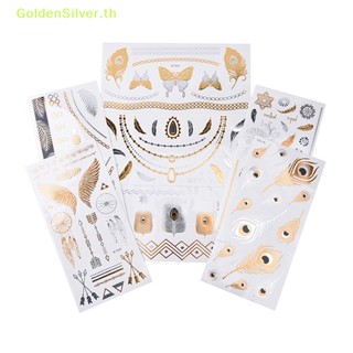 Goldensilver สติกเกอร์รอยสักชั่วคราว ลายขนนก สีทอง กันน้ํา สุดเซ็กซี่ สําหรับติดตกแต่งสร้อยคอ สร้อยข้อมือ