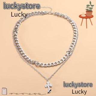 Lucky สร้อยคอโชคเกอร์ สองชั้น จี้ไม้กางเขน สไตล์ฮิปฮอป วินเทจ เครื่องประดับแฟชั่น ปาร์ตี้ ไหปลาร้า โช้คเกอร์