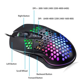 เมาส์เล่นเกม แบบมีสาย 7D DPI 800-1600-2400-3200-4800-6400 RGB ปรับได้