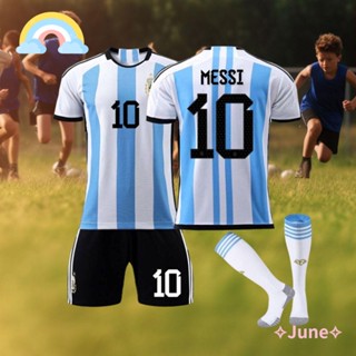 June เสื้อกีฬาฟุตบอล ผ้าโพลีเอสเตอร์ No.10 ระบายอากาศได้ดี สําหรับเด็ก 3 ชิ้น