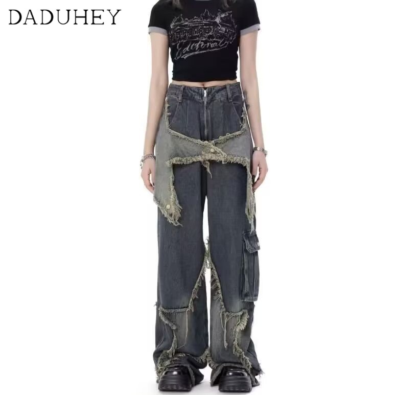 DaDuHey New American Style Ins High Street Stitching Ripped Jeans Niche High Waist Wide Leg Large Size Pants
