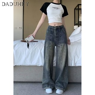 DaDuHey🎈 Womens New American Style Retro High Street Jeans Washed Straight-Leg Loose Straight Fashion Pants