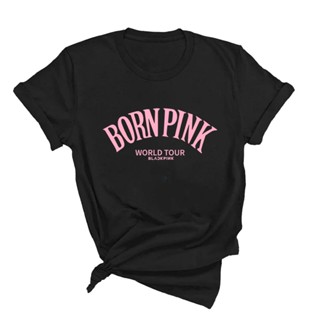 เสื้อยืดแขนสั้น ผ้าฝ้าย พิมพ์ลายตัวอักษร Kpop Born Pink เข้ากับทุกการแต่งกาย สไตล์ฮาราจูกุ แฟชั่นฤดูร้อน สําหรับผู้หญิง มีสีดํา สีชมพู