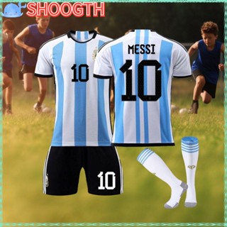 Shoogth เสื้อกีฬาฟุตบอล โพลีเอสเตอร์ No.10 ระบายอากาศ คุณภาพสูง สําหรับเด็ก 3 ชิ้น