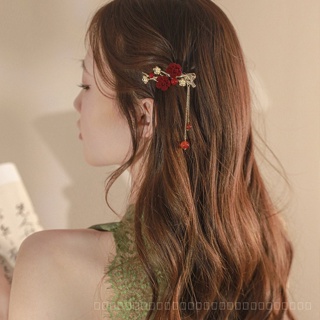 0818-YWSN Chinese Style Plum Tassel Side Clip Barrettes Back Head Clip Red Bridal Cheongsam Toast Suit Headdress OJ5J