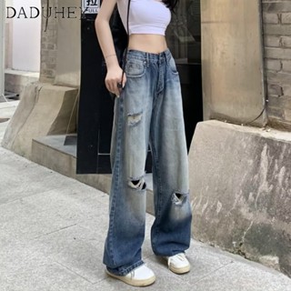 DaDuHey🎈 Women American Style High Street Washed Ripped Jeans Straight Loose High Street Vibe Long Pants