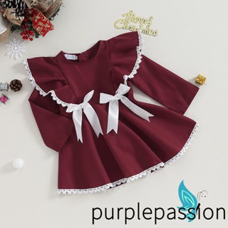 Purplepassion- ชุดเดรส คอกลม ทรงเอ แขนบิน ประดับโบว์ สีตัดกัน สําหรับเด็กวัยหัดเดิน คริสต์มาส