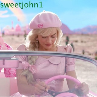 Sweetjohn หมวกเบเร่ต์ ผ้าวูล ปักลายหัวใจรักบาร์บี้ ลําลอง ทรงกลม สไตล์ฤดูหนาว ฤดูใบไม้ร่วง