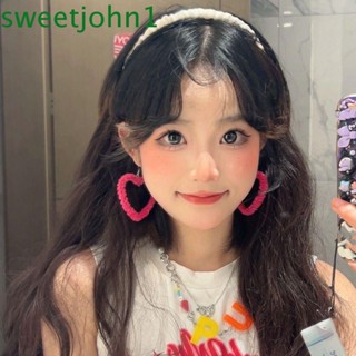 Sweetjohn ต่างหูสตั๊ด จี้รูปหัวใจ สีชมพู สไตล์เกาหลี ไม่ต้องเจาะ Y2K