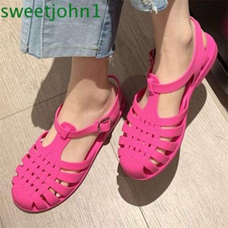 Sweetjohn รองเท้าแตะ พื้นนิ่ม เจลลี่ แกะสลักกลวง กันลื่น ใส่สบาย เหมาะกับเดินชายหาด แฟชั่นฤดูร้อน สไตล์โรมัน สําหรับผู้หญิง