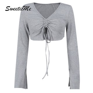 Sweeticme ใหม่ เสื้อครอปแขนยาว คอวี แต่งเชือกรูด ย่น เข้ากับทุกการแต่งกาย แฟชั่นสําหรับผู้หญิง 2023