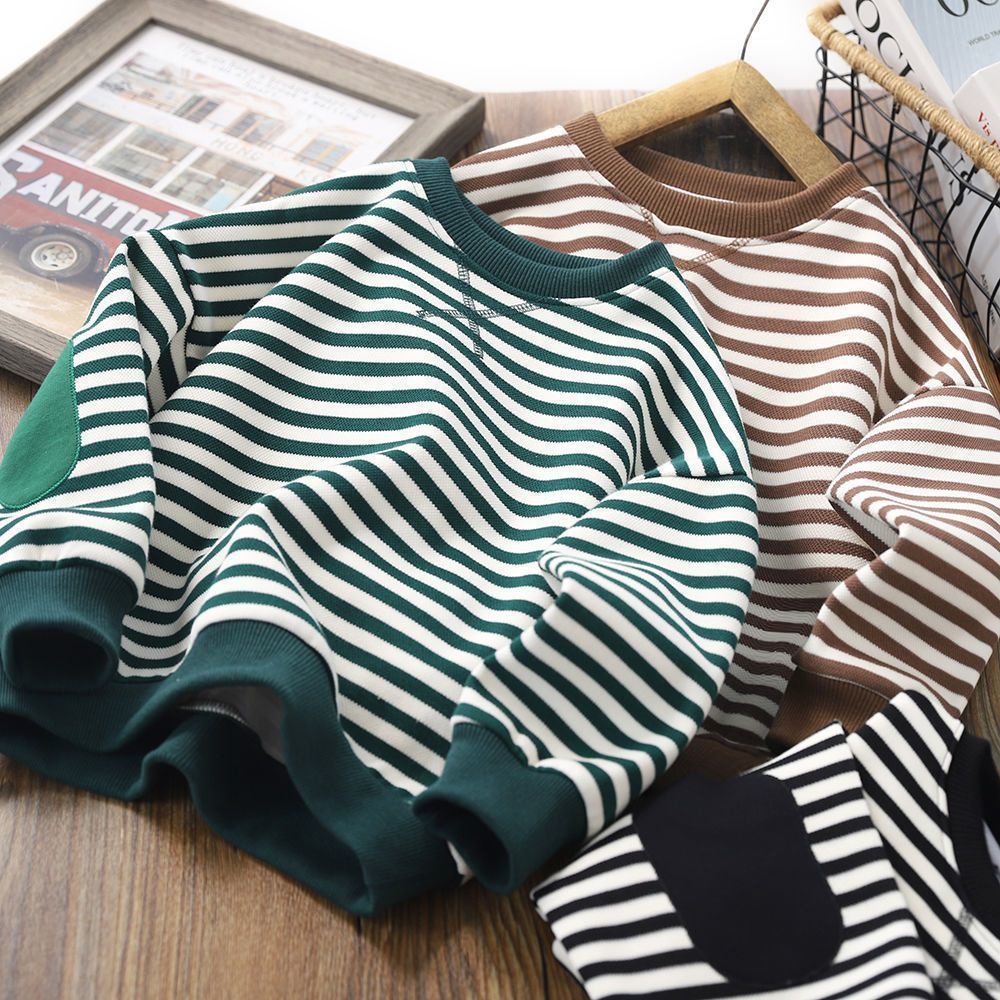 [ZY] พร้อมส่ง เสื้อกันหนาวแขนยาว คอกลม ผ้าฟลีซ แบบหนา ลายทาง แฟชั่นฤดูใบไม้ร่วง และฤดูหนาว สําหรับเด็ก 100-160 ซม.