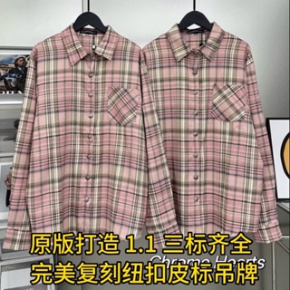 VJBB Chrome Hearts original creat pink plaid cross leather long-sleeved shirt mens and womens trendy high street couples shirt