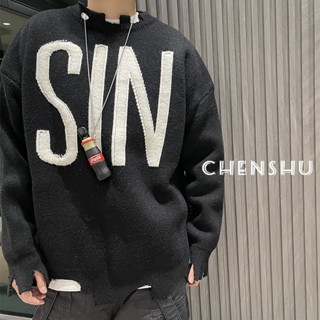 YODO aint sin high street fashion brand S letter irregular damage sweater round neck pullover sweater for couples men and women