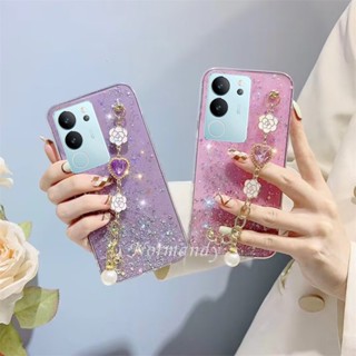 เคสโทรศัพท์มือถือ ซิลิคอน TPU นิ่ม แบบใส ปิดด้านหลัง ลายกลิตเตอร์ รูปหัวใจ ประดับเพชร พร้อมสายข้อมือ สําหรับ VIVO V29 Y78 Y27 5G 4G