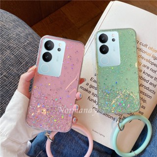 ใหม่ เคสป้องกันโทรศัพท์มือถือ TPU ใส แบบนิ่ม ประดับเลื่อม ฟอยล์สีทอง กันกระแทก มีสายคล้อง สําหรับ VIVO V29 Y78 Y27 5G 4G V29 5G 2023