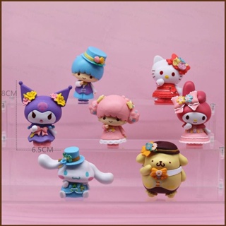 Cool ใหม่ โมเดลฟิกเกอร์ Sanrio Flower Series Kuromi Melody Kitty Cinnamoroll Purin Twins ของเล่นสําหรับเด็ก 6 ชิ้น