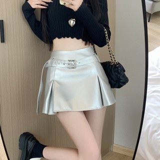 กระโปรงสั้น ทรงเอ หนัง PU แฟชั่นฤดูใบไม้ผลิ สําหรับผู้หญิง