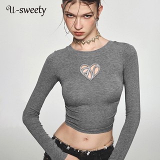 U-sweety เสื้อยืดลําลอง แขนยาว เปิดหลัง สีพื้น เซ็กซี่ สําหรับสตรี 2023