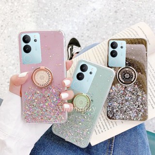 พร้อมส่ง เคสโทรศัพท์มือถือ TPU นิ่ม แบบใส ป้องกัน ลายเกล็ดหิมะ แต่งกลิตเตอร์ ฟอยล์สีทอง พร้อมแหวนขาตั้ง สําหรับ VIVO V29 Y78 Y27 5G 4GG 2023 V29 5G