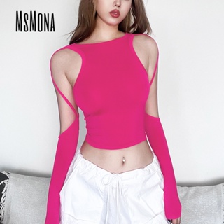 Msmona ใหม่ เสื้อยืดคอกลม แขนยาว สีพื้น ทรงสลิมฟิต แบบโปร่ง แฟชั่นสําหรับผู้หญิง 2023