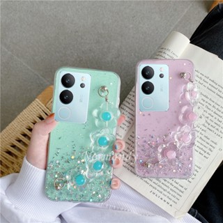 ใหม่ เคสโทรศัพท์มือถือ ซิลิโคนนิ่ม TPU ใส กันกระแทก แต่งกลิตเตอร์ฟอยล์สีทอง ลายดอกไม้ พร้อมสายคล้องมือ แฟชั่น สําหรับ VIVO V29 Y78 Y27 5G 4G V29 5G 2023