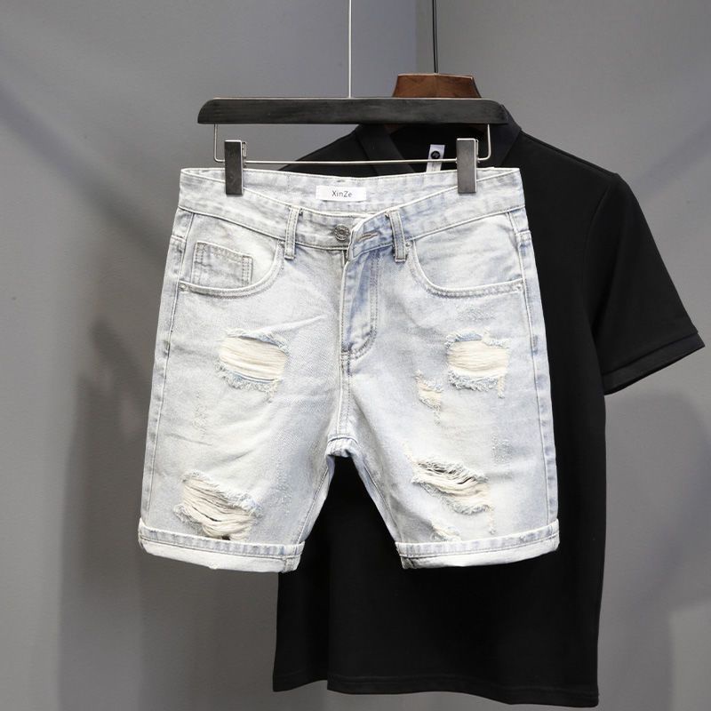 Ripped Denim Shortsผู้ชายใหม่ข้อเท้าผูกอินเทรนด์Ins Seluar Pendek Lelaki Denim Jeans Cargo Short Pant