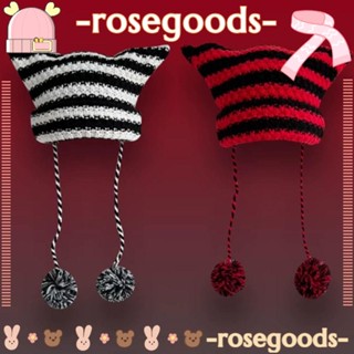 Rose หมวกบีนนี่ญี่ปุ่น หูแมวน่ารัก แบบสวมหัว หมวกผู้หญิง ลายทาง