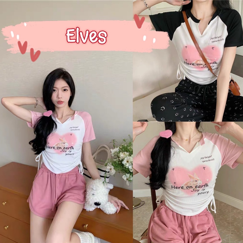 Elves พร้อมส่ง เสื้อไหมพรมแขนสั้น ลายกระต่าย คอวีเล็กสีพาสเทล เสื้อทูโทน~3066~ -C