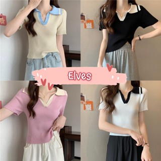 Elves✨พร้อมส่ง✨  เสื้อไหมพรม สีพื้น คอปกแขนสั้น ผ้าร่องเล็ก 4สี ~80090~ -C