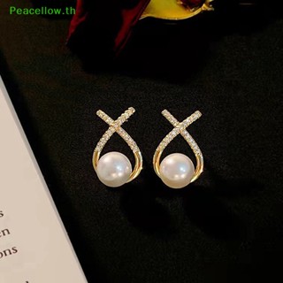 Peacellow ต่างหูติดหู ประดับมุก รูปตัวอักษร X ฝังเพชร สไตล์เรโทร เรียบง่าย แฟชั่นสําหรับผู้หญิง 1 คู่