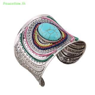 Peacellow กําไลข้อมือ กําไลข้อมือ สีเงิน สีเขียวขุ่น สไตล์โบฮีเมียน ทิเบต วินเทจ สําหรับผู้หญิง TH