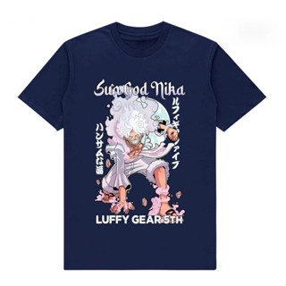 ร้อนขายผ้าฝ้ายแขนสั้น เสื้อยืด พิมพ์ลายอนิเมะOne Piece LUFFY GEAR 5 FIFTH Sun God Nika Joy Boyสไตล์ญี่ปุ่น สําหรับผู้ชาย