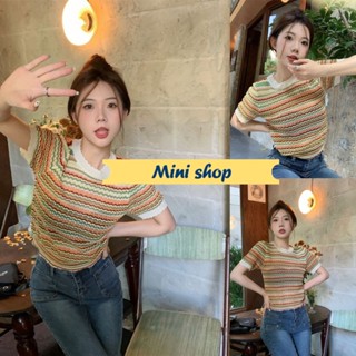 Mini shop🌸พร้อมส่ง🌸 (6278) เสื้อถักไหมพรม ลายทางหยักๆ แขนสั้นคอกลม -C