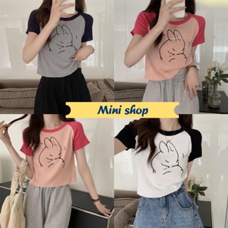 Mini shop🌸พร้อมส่ง🌸 (58067-1) เสื้อไหมพรมแขนสั้น ดีเทลลายกระต่าย คอกลม แขนเสื้อทูโทน -C