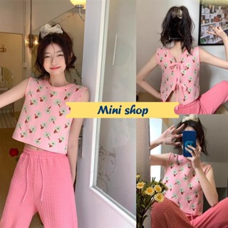 Mini shop🌸พร้อมส่ง🌸 (45037) เสื้อกล้ามไหมพรม แขนกุด คอกลมลายดอกไม้ มีเชือกผูกด้านหลัง -C