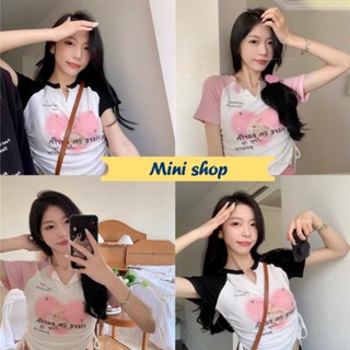 Mini shop🌸พร้อมส่ง🌸 (3066) เสื้อไหมพรมสีพาสเทล แขนสั้นคอวีเล็ก ลายกระต่าย -C