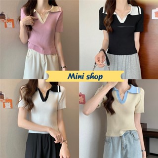 Mini shop🌸พร้อมส่ง🌸 (80090) เสื้อไหมพรม ดีเทลผ้าร่องเล็ก คอปกแขนสั้น -C