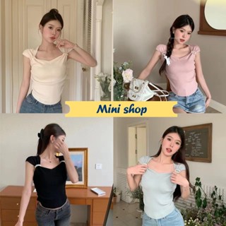 Mini shop🌸พร้อมส่ง🌸 (T041) เสื้อกล้ามไหมพรม เกี่ยวแขนเสื้อ2ชั้น สีพื้น แถมสายมุก -C