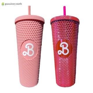 Barbie Movie Peripheral Companying Cup 750ml ถ้วยน้ำอะคริลิกบาร์บี้สีชมพูพร้อมหลอดดูด