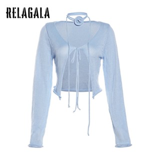 Relagala ใหม่ เสื้อคาร์ดิแกนลําลอง แขนยาว คอต่ํา ผ้าถัก เข้ารูป เซ็กซี่ แฟชั่นสําหรับสตรี 2023