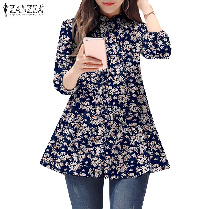 Zanzea เสื้อเชิ้ต แขน 3/4 คอปก พิมพ์ลาย สไตล์เกาหลี แฟชั่นสตรี