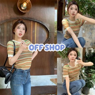 OFF SHOP พร้อมส่ง (OFF-6278) เสื้อถักไหมพรมแขนสั้น คอกลม ดีเทลลายทางหยักๆ -C